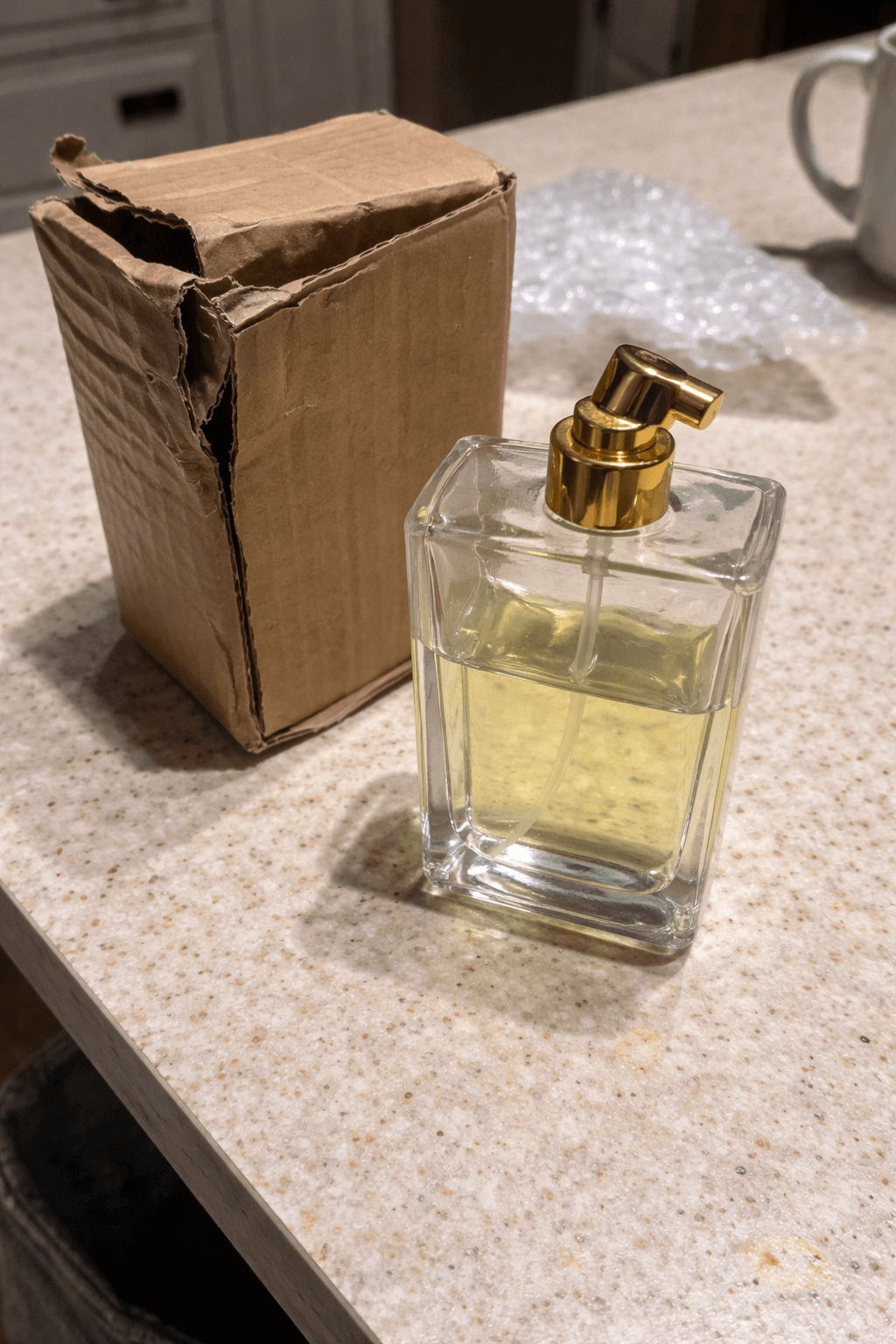 Customer-submitted damage photo of a perfume bottle